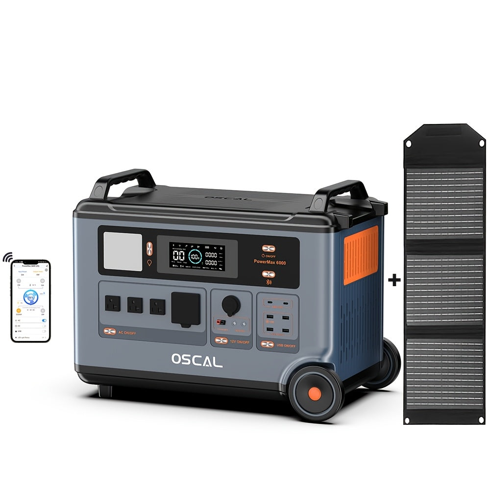 OSCAL PowerMax 6000 Portable Power Station, 3600Wh LiFePO4 Battery 6000W (9000W Peak)AC Output Dual Voltage 120V/240V Solar Generator for Camping, Home, Outdoor, Emergency Use(Free 30W Solar Panel)