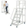 A 6-Step Rolling Ladder Measuring 24 Inches Wide And 90 Inches High, Featuring Dual Handrails And Lockable Wheels, Capable of Supporting Up to 1200 Pounds. This Heavy-Duty Mobile Platform Ladder Is Ideal for Use in Warehouses, Supermarkets