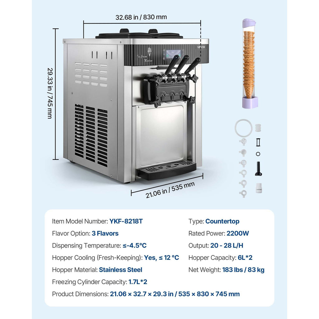 Commercial Ice Cream Machine, 20-28L/H Yield, 2200W 3-Flavor Countertop Soft Serve Ice Cream Maker, Pre-Cooling Self-Cleaning for Snack Dessert Shops