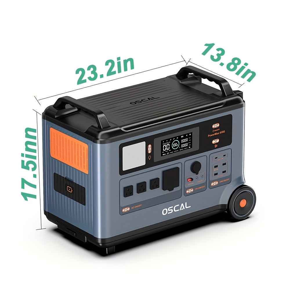 OSCAL PowerMax 6000 Portable Power Station, 3600Wh LiFePO4 Battery 6000W (9000W Peak)AC Output Dual Voltage 120V/240V Solar Generator for Camping, Home, Outdoor, Emergency Use(Free 30W Solar Panel)