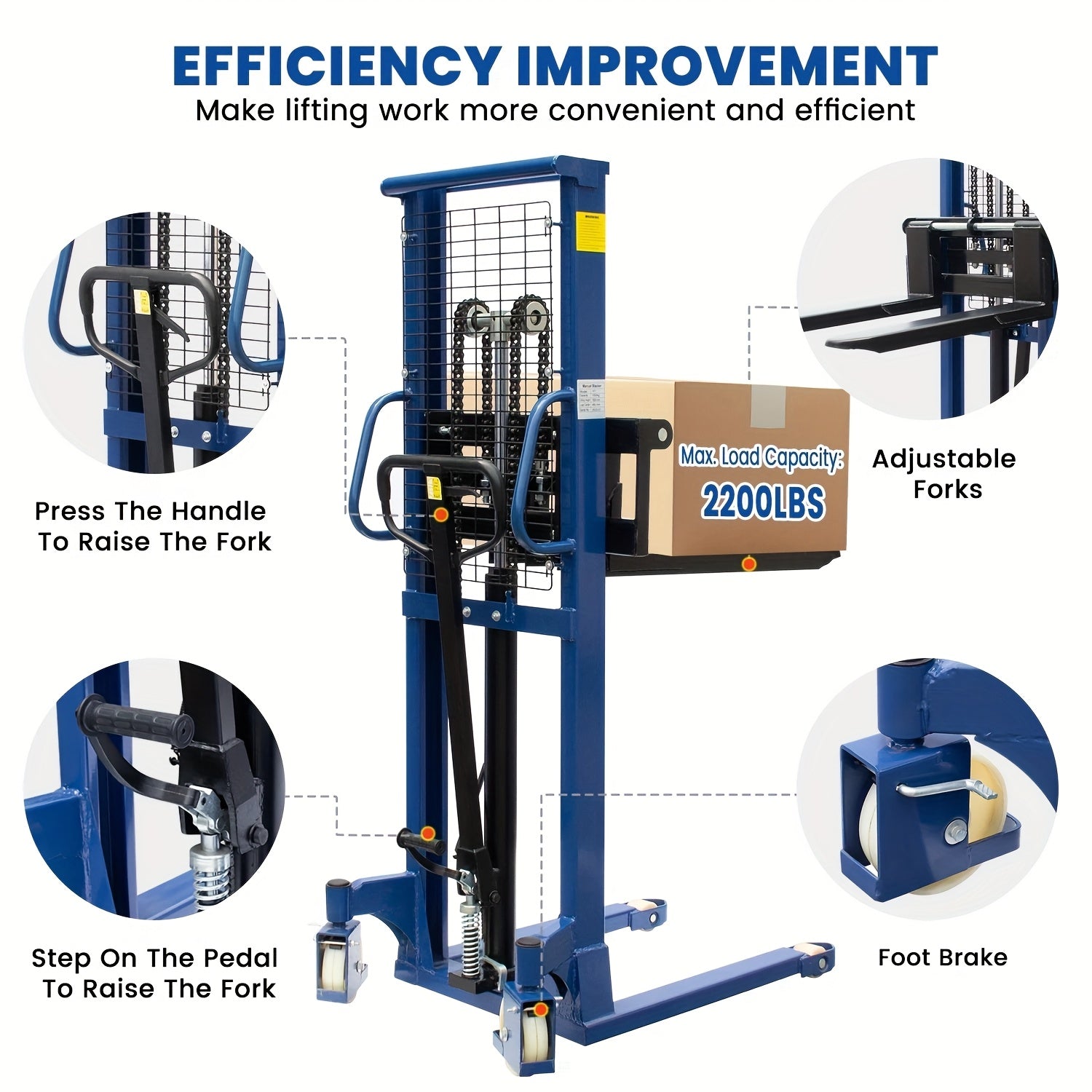 Industrial Heavy-Duty 2200lbs Manual Hydraulic Pallet Stacker | Adjustable Lift Height 3.78"-63" | Fixed Legs & Blue Metal Grid Design | Adjustable Forks For Open Bottom/Block Pallets | Ideal For Warehouses, Factories & Industrial Use