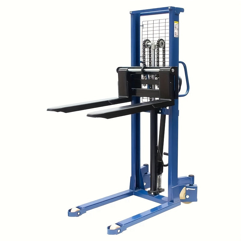 Industrial Heavy-Duty 2200lbs Manual Hydraulic Pallet Stacker | Adjustable Lift Height 3.78"-63" | Fixed Legs & Blue Metal Grid Design | Adjustable Forks For Open Bottom/Block Pallets | Ideal For Warehouses, Factories & Industrial Use