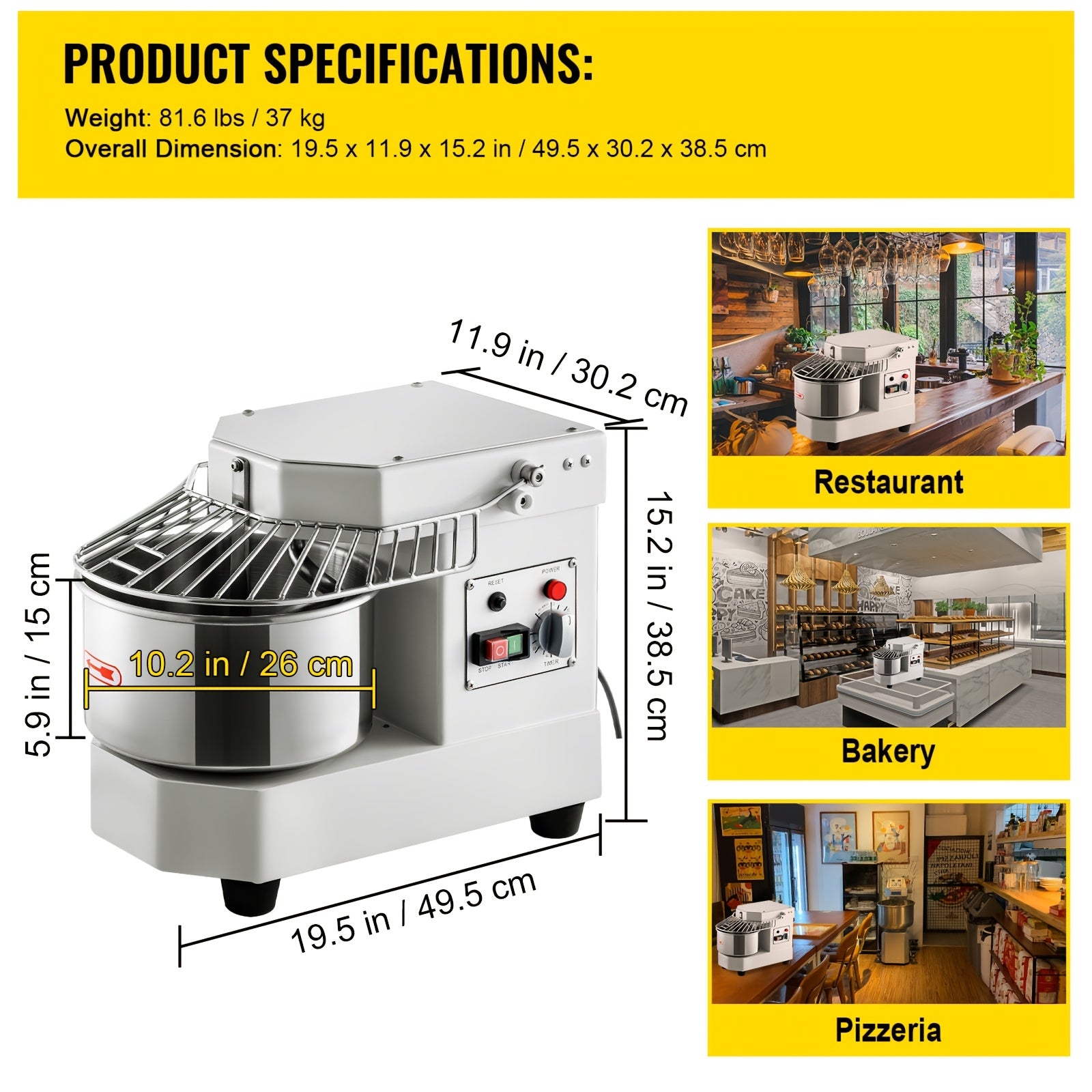 Happybuy 8.5Qt Commercial Food Mixer, 450W Dual Rotating Dough Kneader, Stainless Steel Bowl, Security Shield, Timer, Baking Equipment for Restaurant Pizzeria