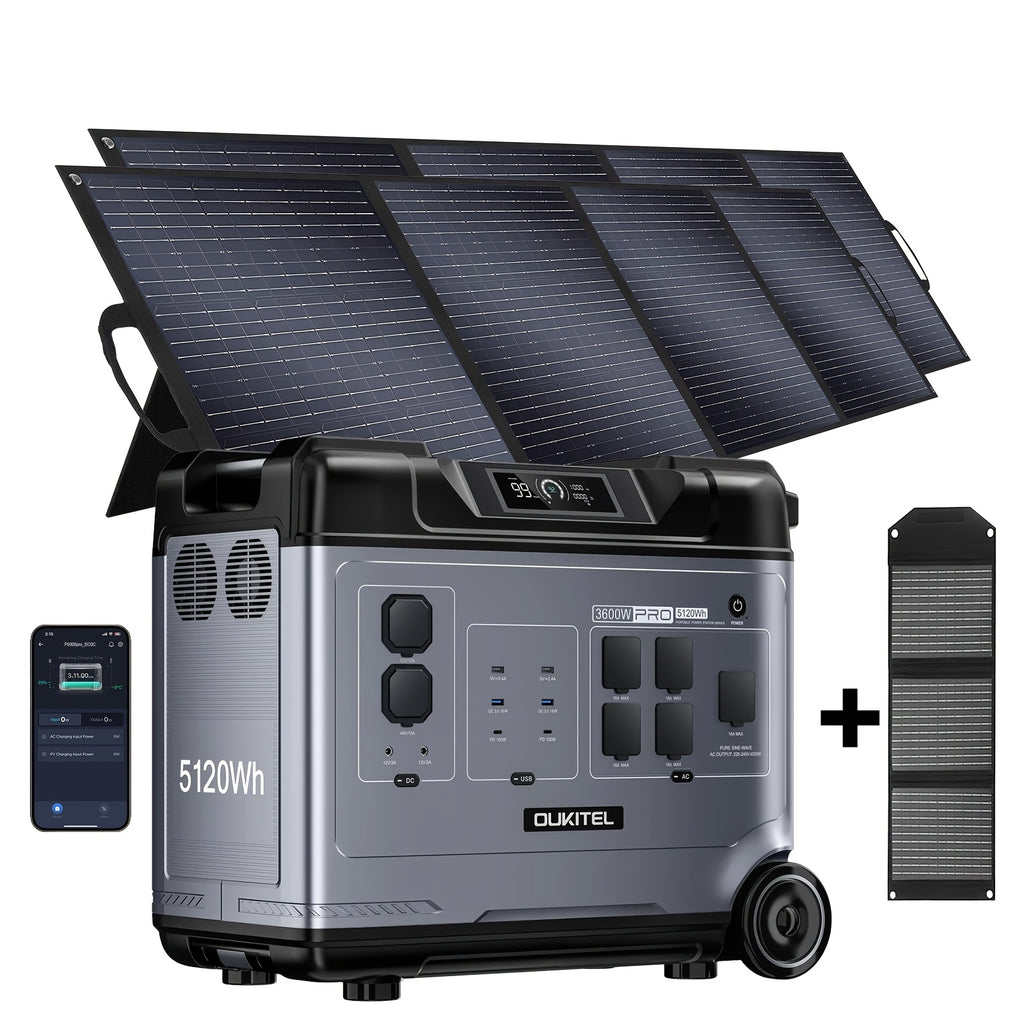 OUKITEL P5000 Pro 3600W Solar Generator, Optional 500W Solar Panels, 5120Wh Solar Power Station with 5 AC Outlets (5000W Peak), 1800W Fast Charging, Emergency Battery Backup for Home, Camping & RV (Free 30W Solar Panel)
