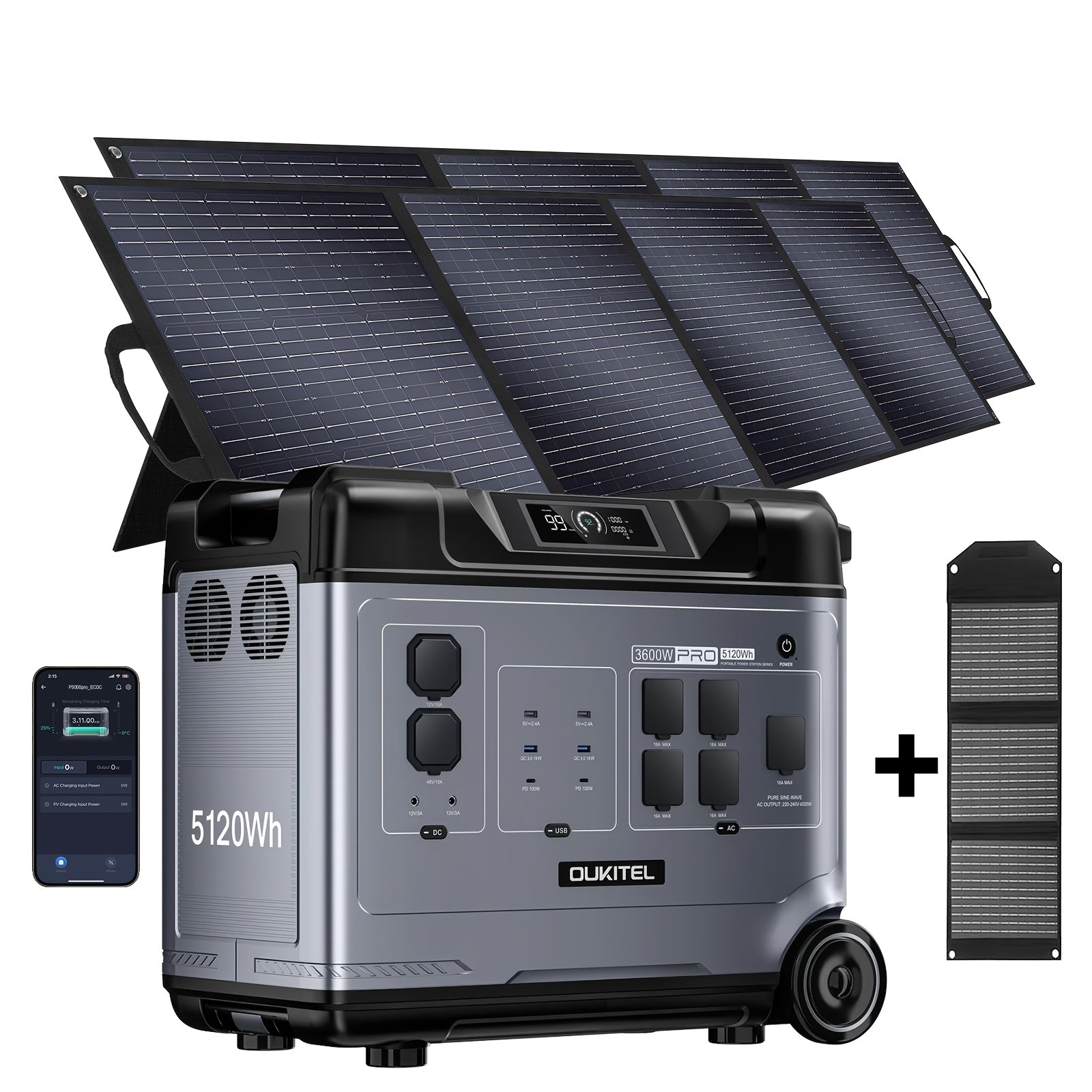 OUKITEL P5000 Pro 3600W Solar Generator, Optional 500W Solar Panels, 5120Wh Solar Power Station with 5 AC Outlets (5000W Peak), 1800W Fast Charging, Emergency Battery Backup for Home, Camping & RV (Free 30W Solar Panel)