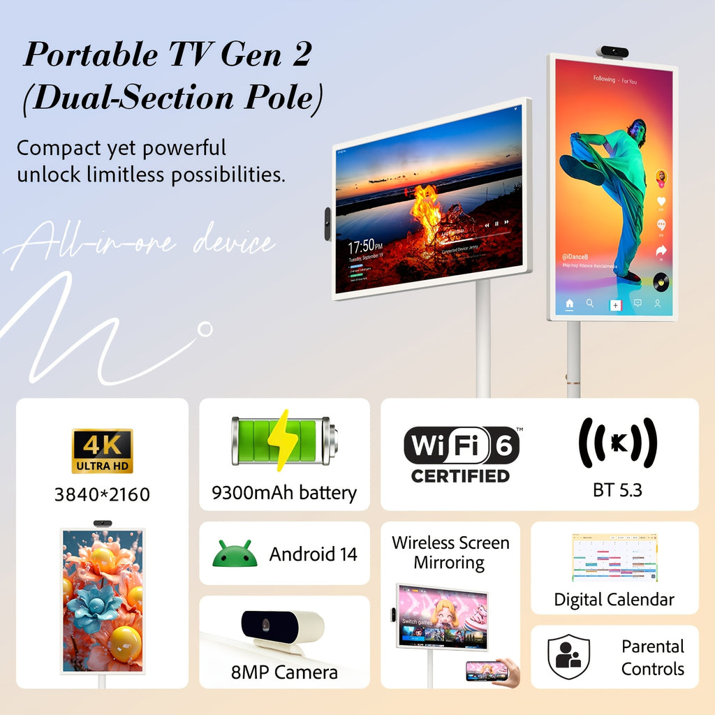 Holiday Upgrade Sensation, 32" UHD 4K Rotatable Touch Mobile Smart TV - Apolosign 2Nd Gen Portable Tv on Wheels, Touchscreen Monitor, 16GB+256GB, Wheel Portable & Voice Remote (Black Friday Must-Have), Tablet, Pad, Tablet, Pad