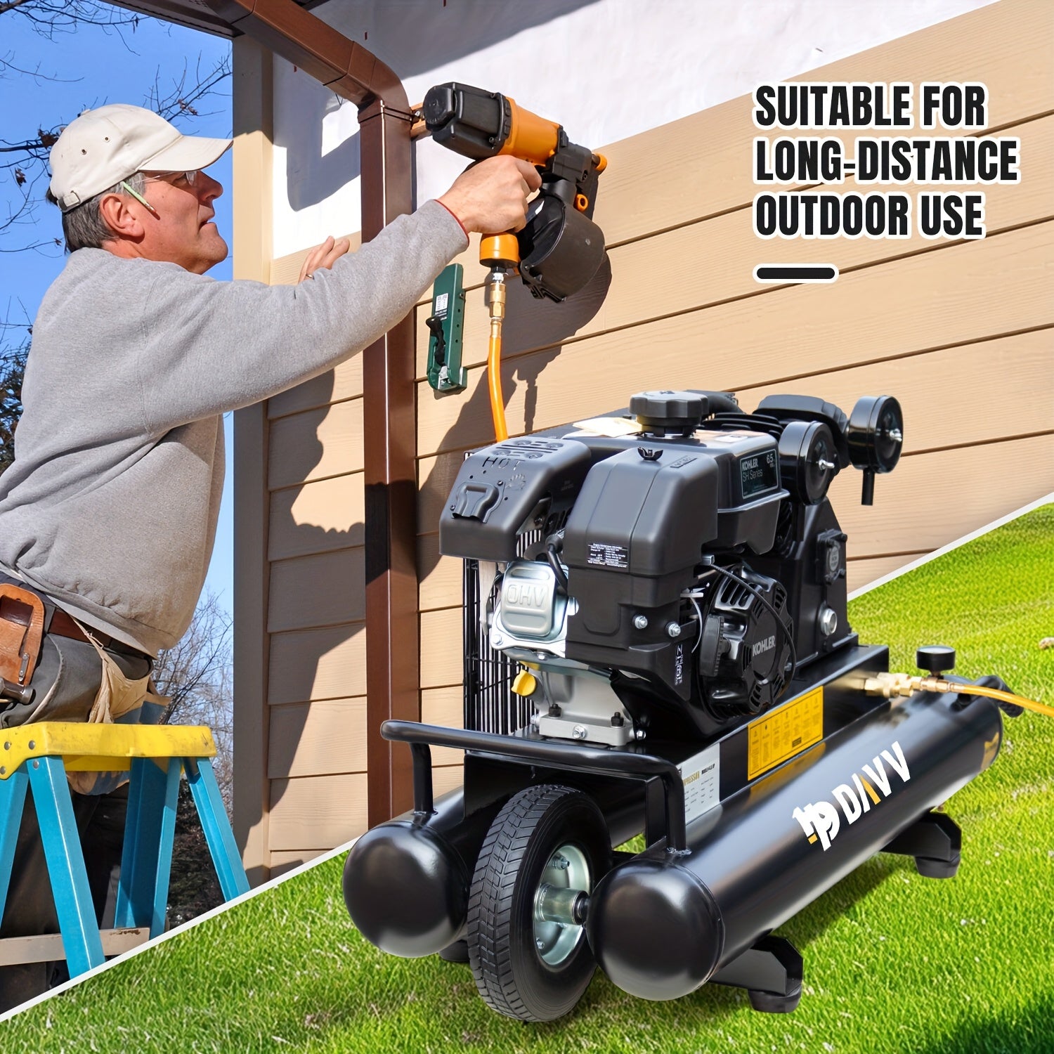 6.5HP Gas Powered Portable Air Compressor With 9 Gal Twin Tank, 12 CFM@125 PSI, Without Battery