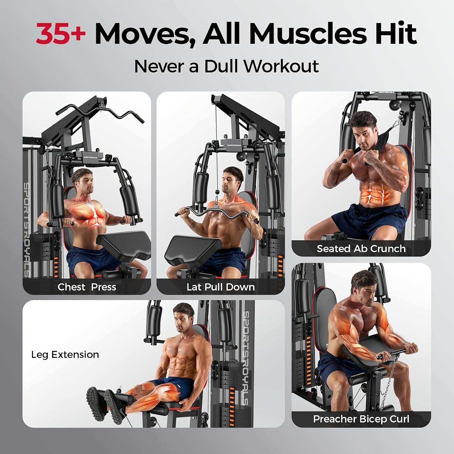 Multifunctional for home Gym Equipment, 150LBS Rustproof Weight Stack All-In-One Workout Machine, 35+ Exercise Functions with Adjustable Seat & Pulley System, Stable H-Base Full Body Trainer for Home, Garage & Apartment, Without Battery