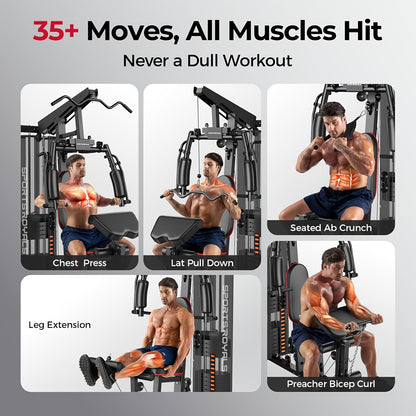 Multifunctional for home Gym Equipment, 150LBS Rustproof Weight Stack All-In-One Workout Machine, 35+ Exercise Functions with Adjustable Seat & Pulley System, Stable H-Base Full Body Trainer for Home, Garage & Apartment, Without Battery