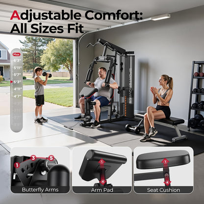 Multifunctional for home Gym Equipment, 150LBS Rustproof Weight Stack All-In-One Workout Machine, 35+ Exercise Functions with Adjustable Seat & Pulley System, Stable H-Base Full Body Trainer for Home, Garage & Apartment, Without Battery