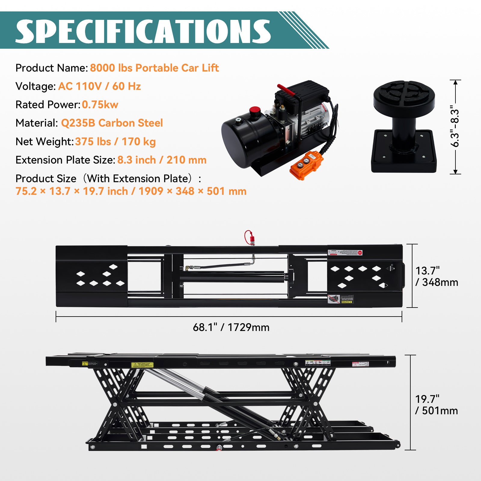 Portable Car Lift, Capable Of Lifting 7000 LBS/5000 LBS Quick Jack With A Maximum Height Of 28", Car Lifts For Home Garage And Shop, Black