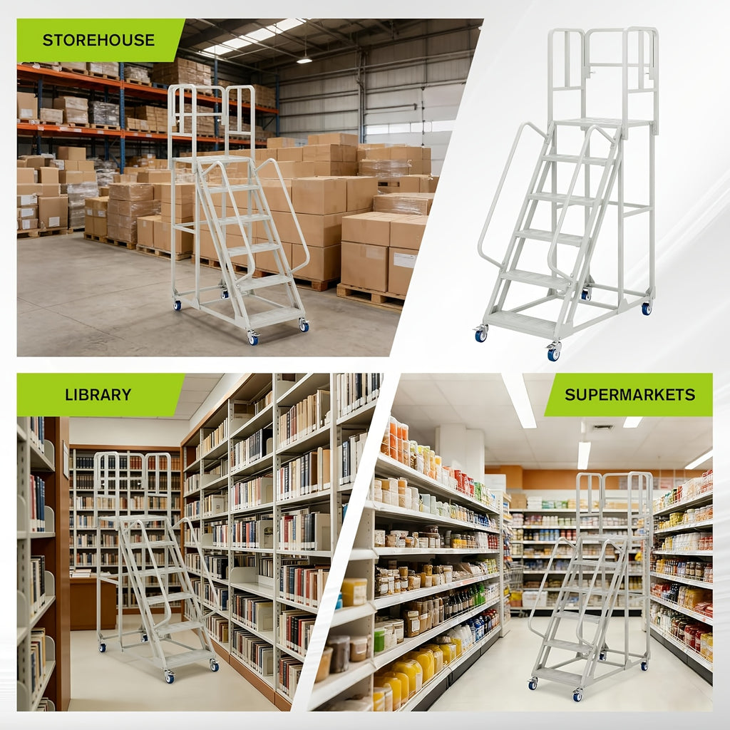 A 6-Step Rolling Ladder Measuring 24 Inches Wide And 90 Inches High, Featuring Dual Handrails And Lockable Wheels, Capable of Supporting Up to 1200 Pounds. This Heavy-Duty Mobile Platform Ladder Is Ideal for Use in Warehouses, Supermarkets