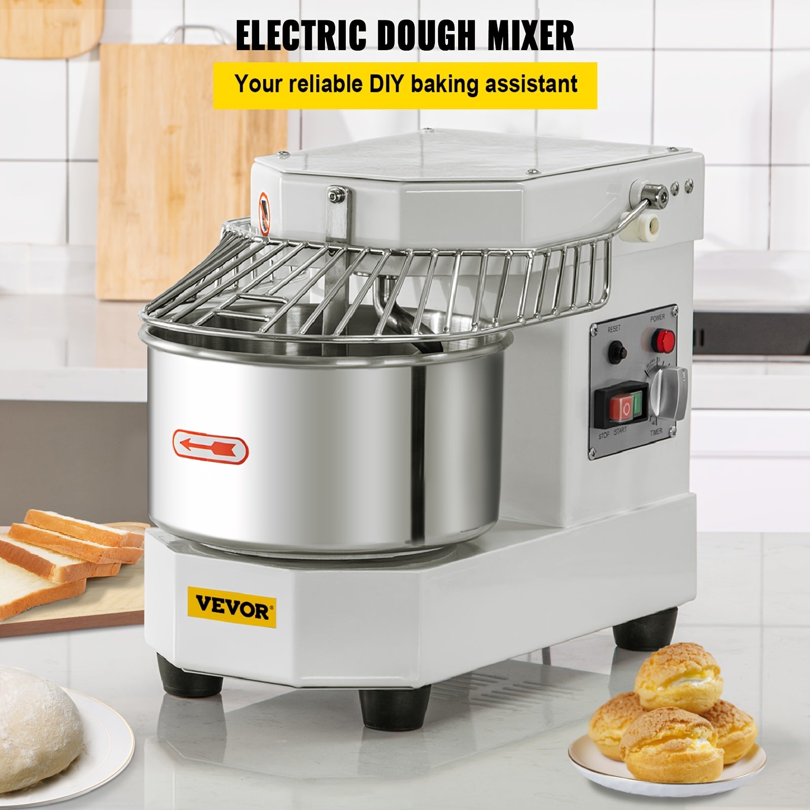 Happybuy 8.5Qt Commercial Food Mixer, 450W Dual Rotating Dough Kneader, Stainless Steel Bowl, Security Shield, Timer, Baking Equipment for Restaurant Pizzeria