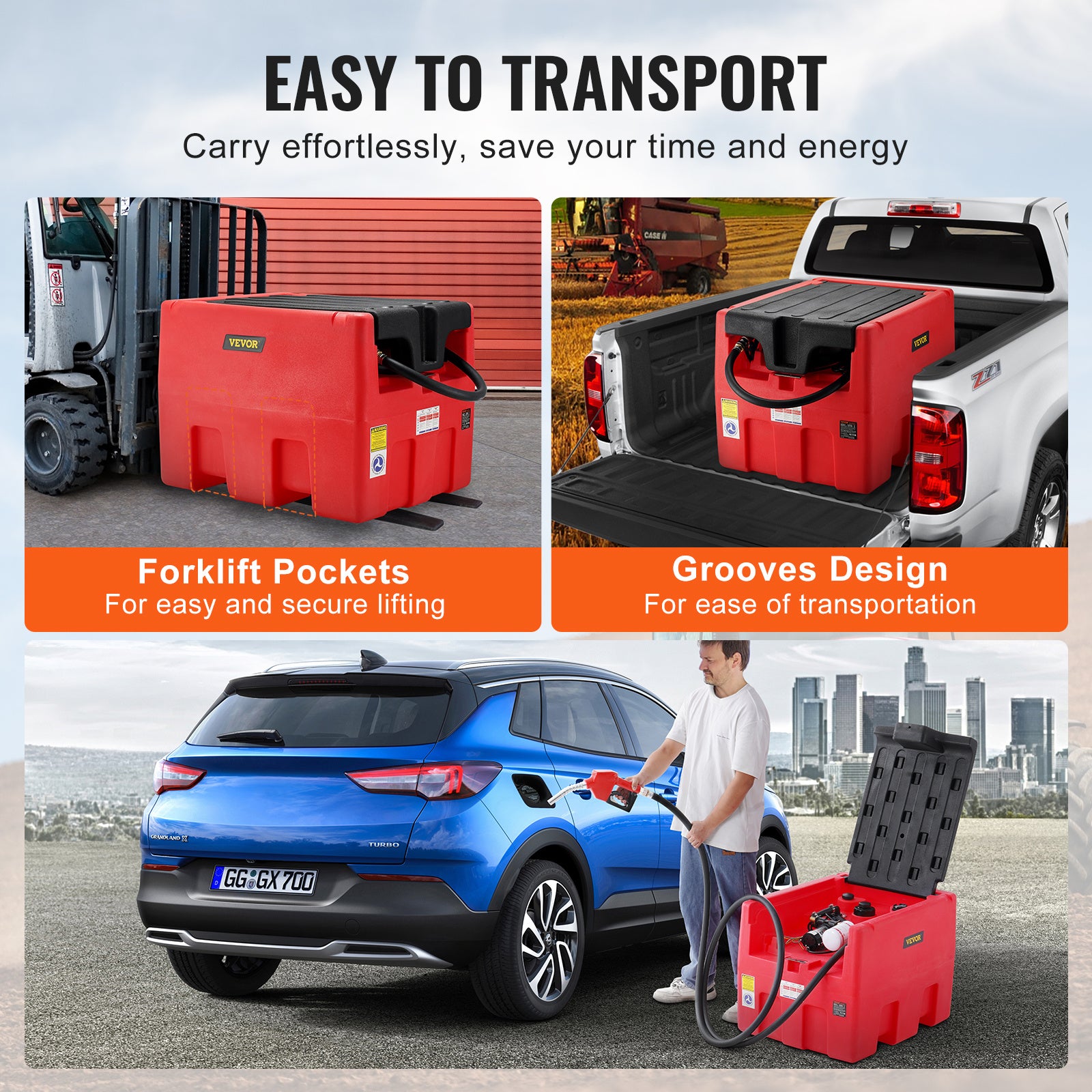 Portable Diesel Tank 48 Gal Fuel Tank with 12V Electric Transfer Pump Orange/Red